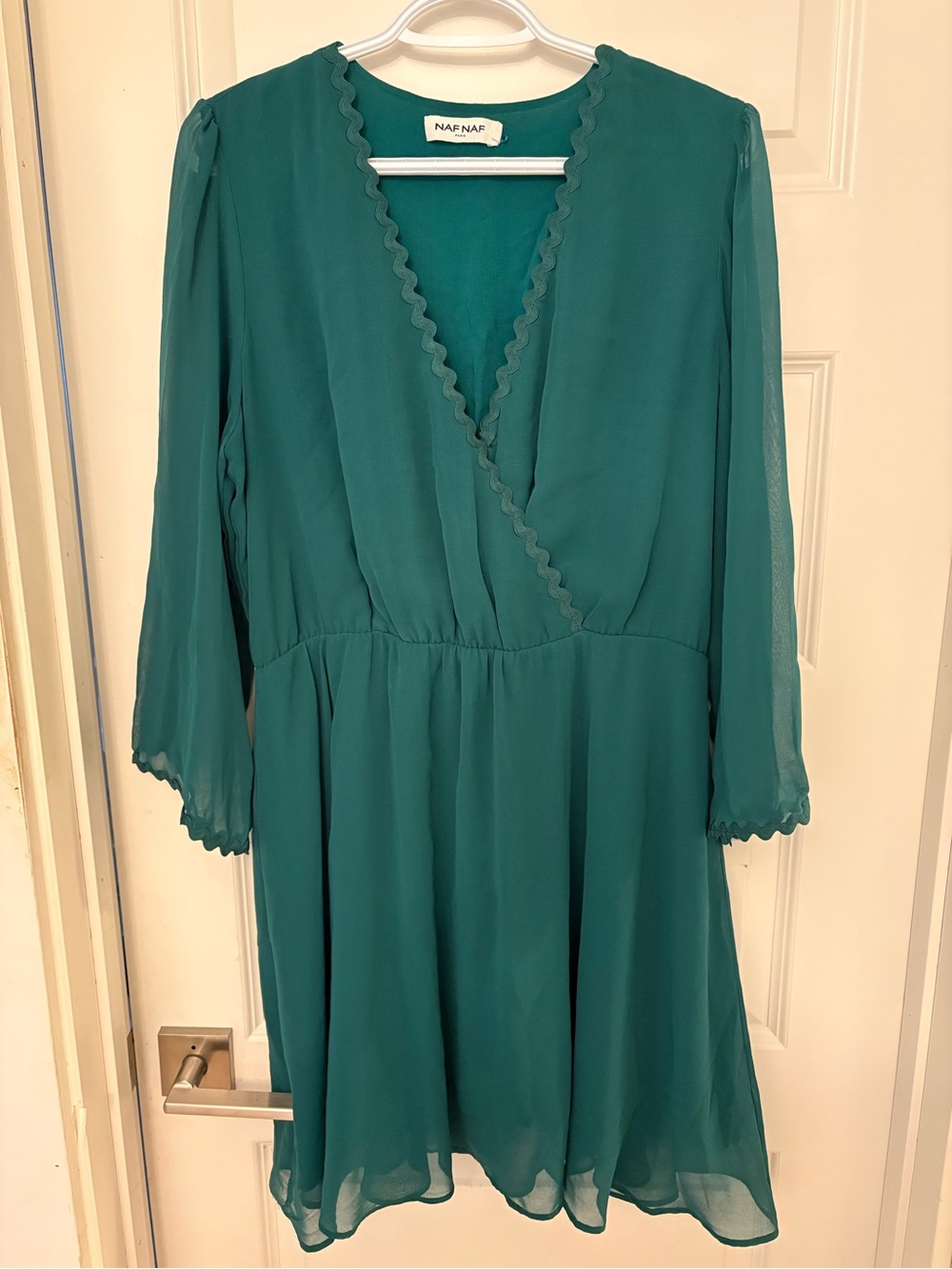 NAF NAF Emerald Green V-Neck Chiffon Dress with Scalloped Trim
